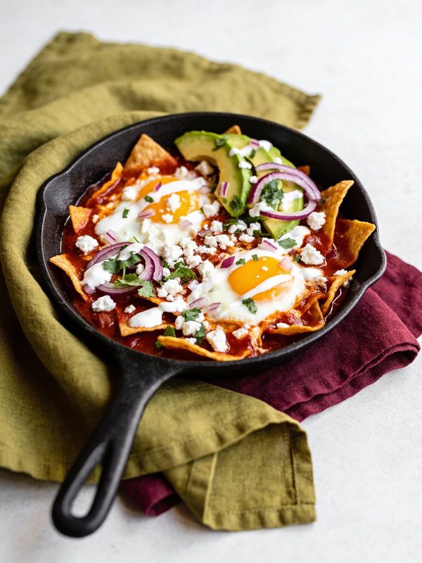 A cast-iron skillet of red chilaquiles with two fried eggs, crema, crumbled queso fresco, red onion, cilantro and avocado slices.