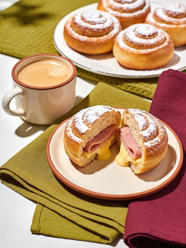 Spiral sweet buns dusted with powdered sugar, one split open with ham and melted cheese inside, next to a cup of café con leche.